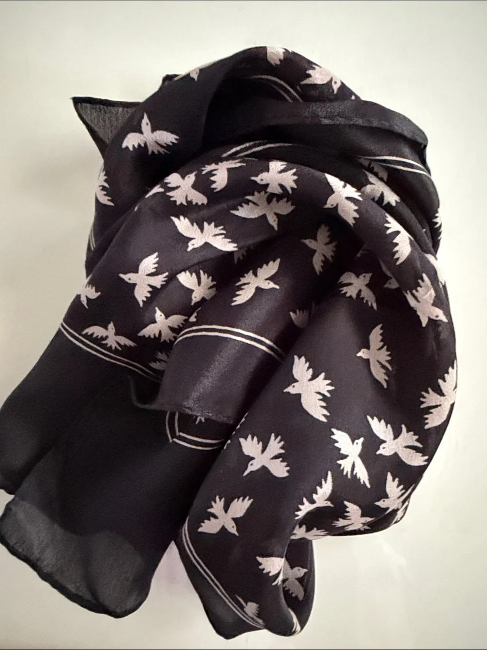 Vintage Sasson Flying Birds Silk Oblong Scarf Black Cream Oblong 10x34 Neck Wrap